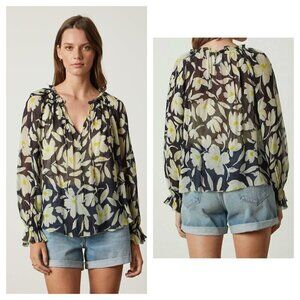 Velvet by Graham and Spencer Miley Long Sleeve Floral Blouse Navy Blue Yellow M